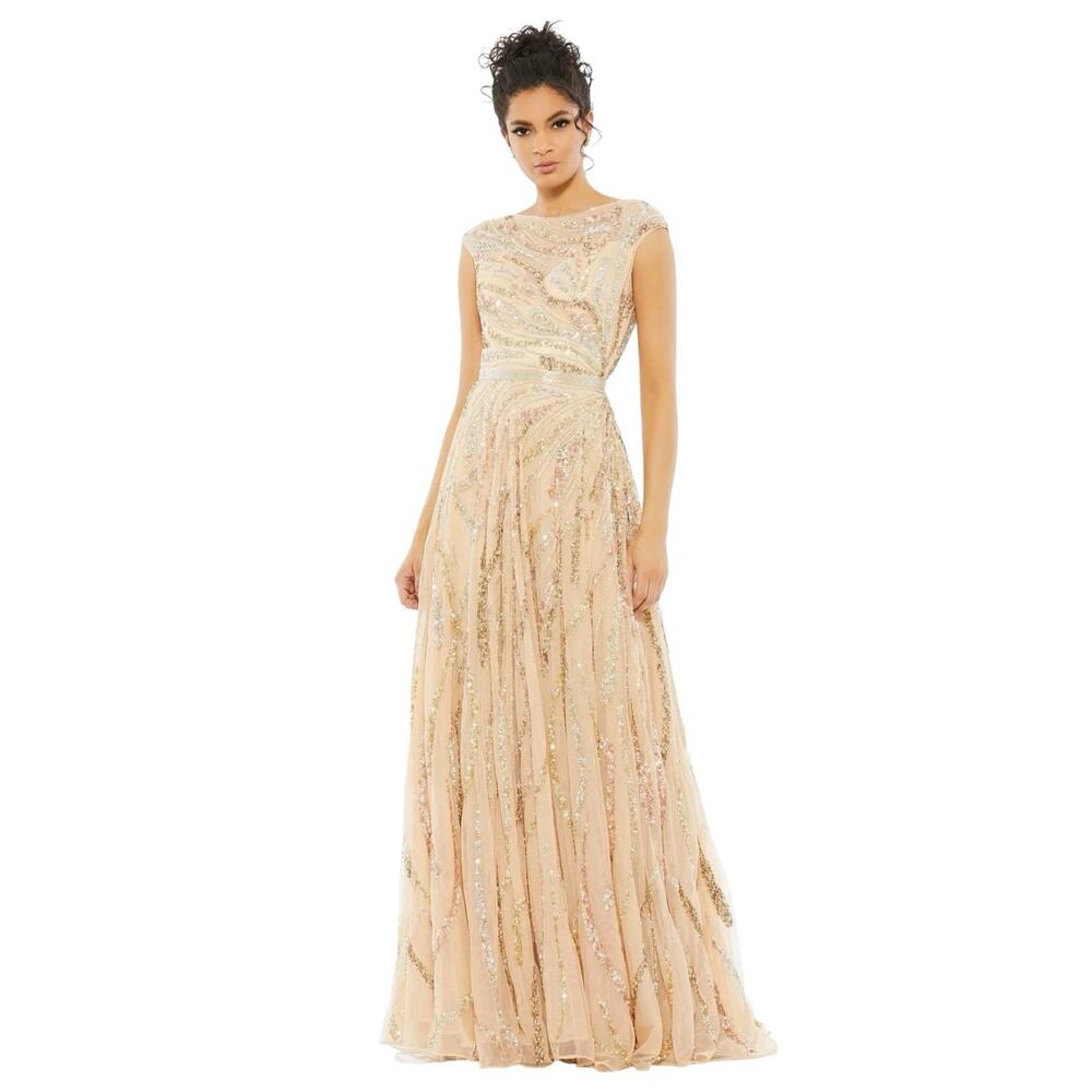 Mac Duggal 5445 Beige Gold Multi Cap Sleeve Sequin Gown Size 8 $598